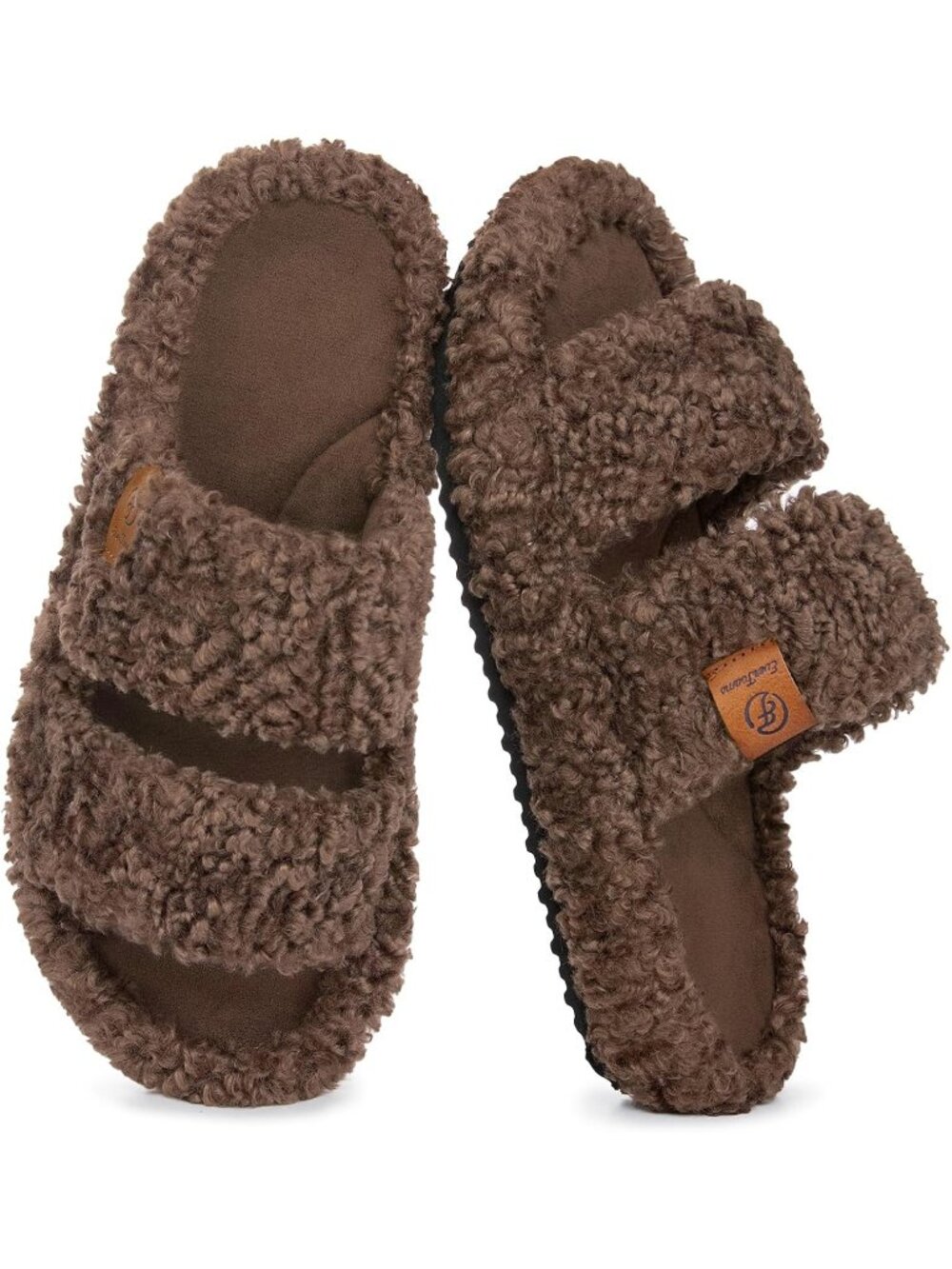 Womens Elegant Mocha Polyester Fuzzy Open-toe Memory Foam Indoor House Slippers